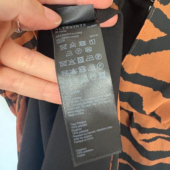 AllSaints Animal Print Hali Zephyr Chiffon Ruffle Cinched Mini Dress 6 - Picture 6 of 7